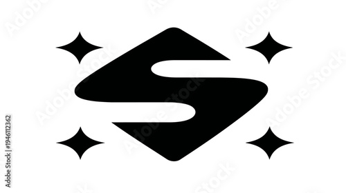 Sleek black letter S symbol in a geometric diamond shape with sparkling accents, modern initial graphic isolated on white