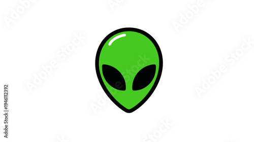 Cartoon green alien head illustration. Extraterrestrial face with black eyes, science fiction, outer space creature icon.