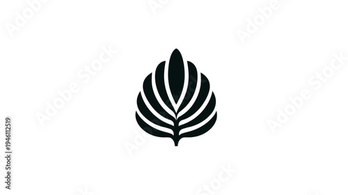 Stylized black abstract leaf or feather graphic icon on a clean white background, minimalist and elegant design symbol
