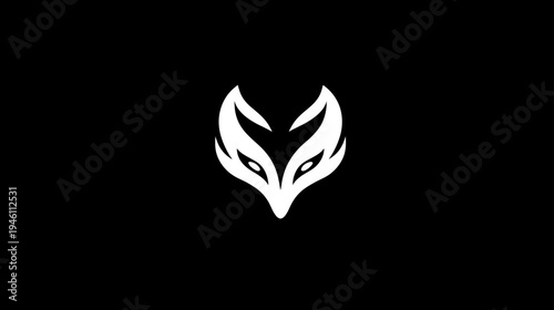 Modern minimalist white fox head logo concept illustration on a dark background. Abstract stylized animal design element.