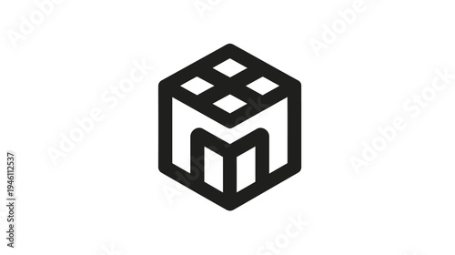 Modern minimalist geometric M letter cube logo design, abstract cubic monogram icon, digital pixel grid top, vector graphic concept