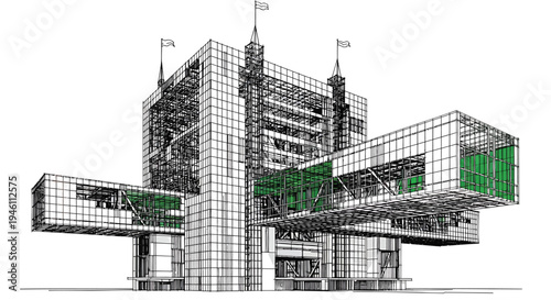 Vector illustration of a modern building with green accents