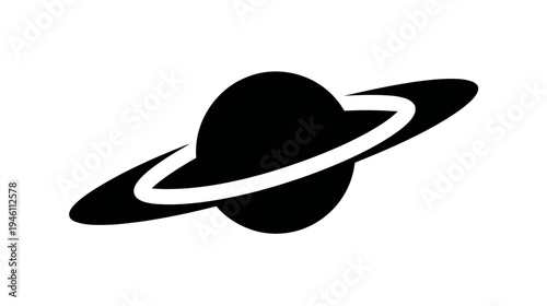 Minimalist black and white ringed planet icon. Simple vector illustration of a cosmic celestial body with orbiting rings, space symbol.