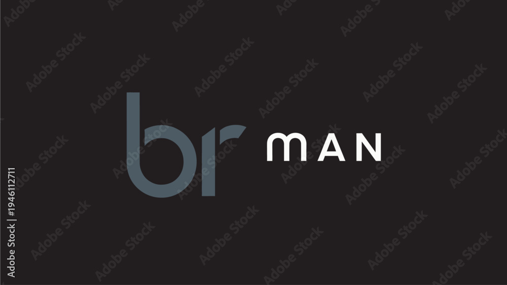Fototapeta premium Minimalist text design 'br MAN' with modern typography in dark grey and white on a solid black background, graphic resource.