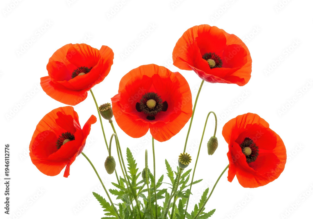 Naklejka premium Vibrant cluster of vivid red poppy flowers, green stems, and developing seed pods, isolated on a transparent background, top-down flat lay view, commercial product photography concept