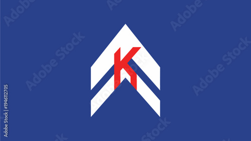Modern abstract white chevron symbol with two stripes and a prominent red letter K on a dark blue background
