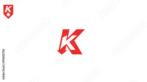 Modern red letter K logo concept with integrated downward arrow design on a white background, minimalist graphic initial symbol.