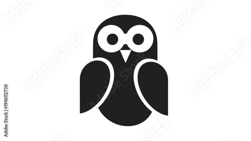 Minimalist black owl icon illustration. Stylized vector graphic of a wise nocturnal bird on a clean white background, simple design.