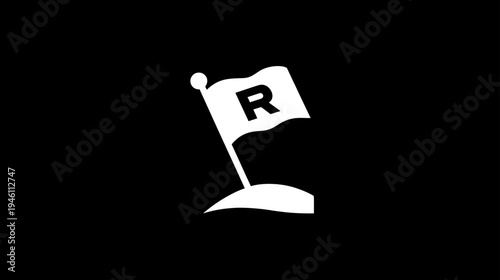 Minimalist white flag icon with bold capital R letter on black background, representing reference, destination, or starting point.