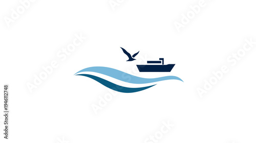 Abstract blue waves, ship, and seagull icon. Nautical travel, marine logistics, or ocean adventure concept illustration.