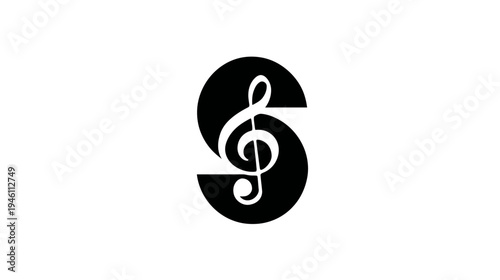 Modern black S letter incorporating a treble clef symbol, a graphic design representing music, sound, melody, and rhythm, isolated on white.