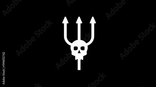 White Stylized Skull and Trident Symbol on Black Background - Graphic Icon for Danger, Rebellion, or Edgy Design