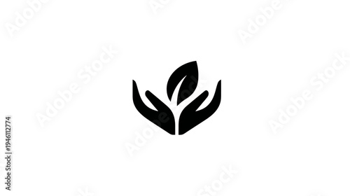 Simple vector icon of two hands cradling a leaf, symbolizing nature care, environmental protection, sustainability, organic growth, and ecology