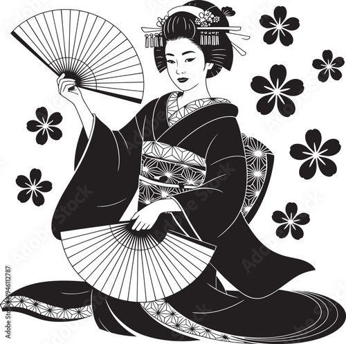 Japanese woman in traditional kimono with fans and flowers