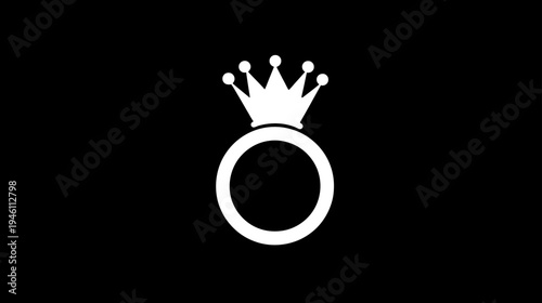 Elegant white crown and ring icon on black background. Simple graphic symbolizing royalty, marriage, luxury, and premium quality.