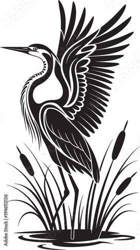 Heron bird with wings spread standing in reeds