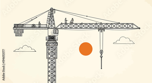 Vector construction crane icon with sun and clouds