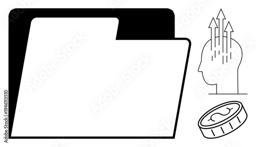 Data management concept. A folder icon, coin symbol, and head with upward arrows data organization and financial growth. Data management in business, finance, tech, education, innovation