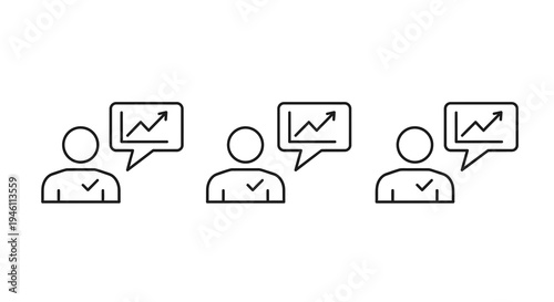 Teamwork and Growth Icons: Three stylized figures with upward trending graph speech bubbles, representing business success and collaboration, vector illustration