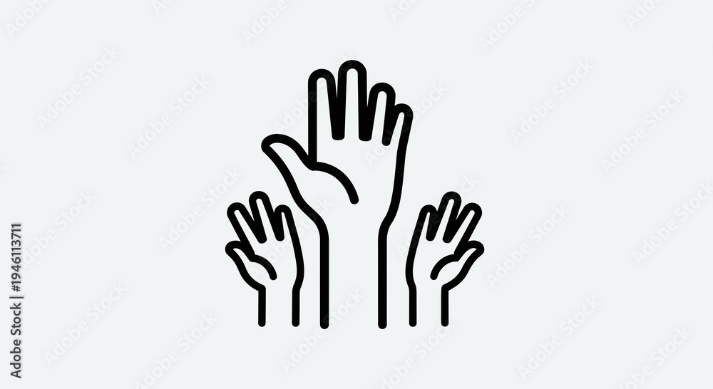 Obraz premium Three Hands Raised Upwards, Diverse Group Participation Vector Illustration, Concept of Asking Questions or Voting, Simple Design