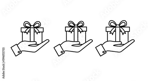 Three Hands Offering Gift Boxes Vector Illustration, Minimalist Style, Concept of Giving and Receiving Presents, Celebration and Holidays