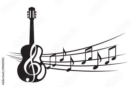 abstract emblem of guitar and music notes isolated on white background