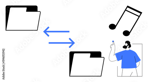 File sharing, data exchange, content transfer, music sharing, digital storage, creative collaboration. Folders with arrows, music icon and person. File sharing and content transfer concepts