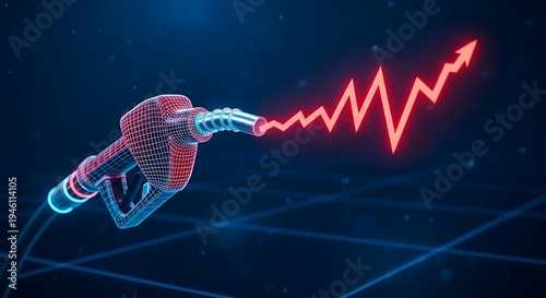 Digital fuel pump with rising price graph, glowing on blue background