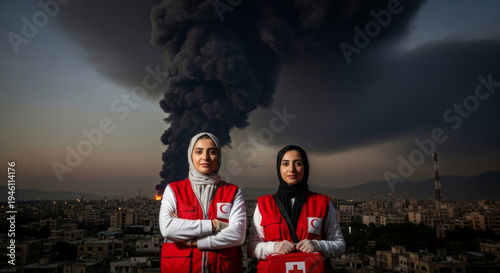 Two women in red vests stand united before a massive dark smoke cloud rises over a cityscape.