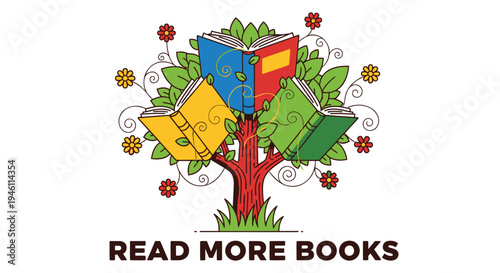 Vector illustration of tree with books and READ MORE BOOKS text