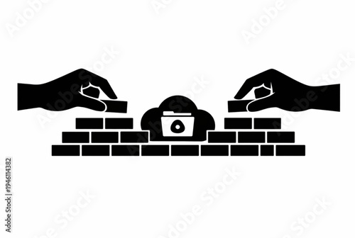 Black vector illustration of hands building a brick wall around a camera