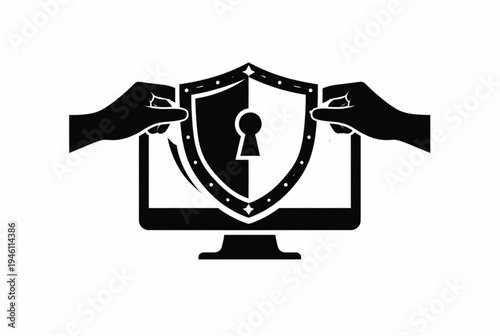 Black vector icon of hands shielding computer screen with shield and keyhole