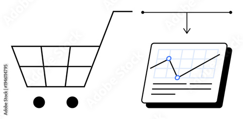 Shopping cart connected to analytics graph and chart representation. Ideal for e-commerce, sales trends, data analysis, marketing, consumer behavior, retail strategy, and decision-making visuals. A