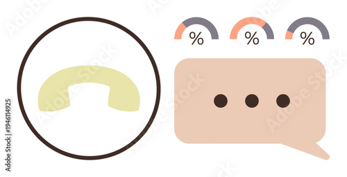 Customer support, communication methods, analytics, feedback, call center services, digital messaging. Phone icon and speech bubble with percentage indicators. Customer support and communication