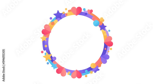 A colorful International Day of Happiness social media frame with a celebratory border of hearts and shapes on a white background for decoration and business use