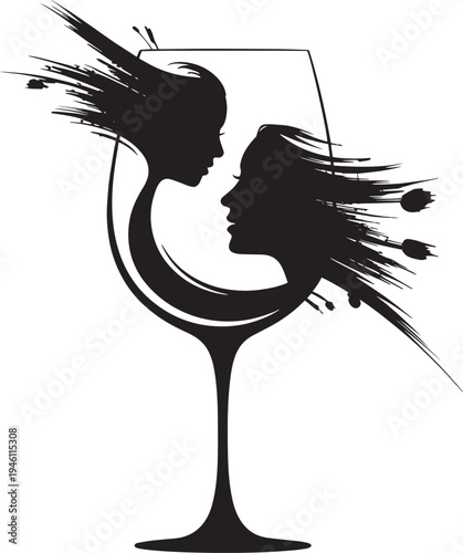 Silhouette couple kissing in wine glass design