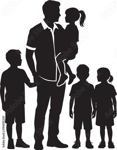 Silhouette of a father holding a child with other children around