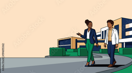 Two diverse professionals walking and conversing outdoors.