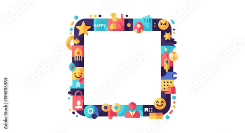 Colorful illustration of a social media frame for International Day of Happiness with a blank white space for customization, featuring various decorative shapes and icons in a vibrant design