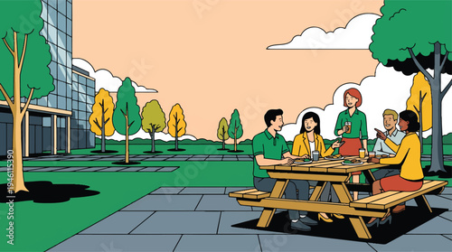 Diverse group of colleagues enjoying an outdoor lunch break together.