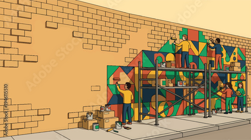 Community artists collaborate on vibrant geometric mural project.