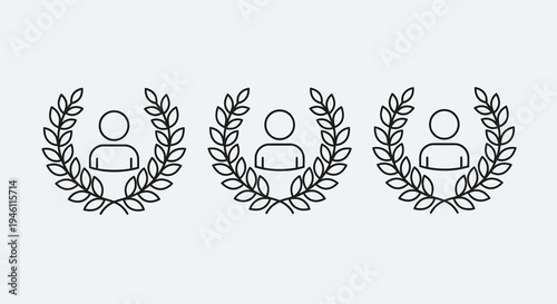 Three Laurel Wreath Icons with Person Silhouette Inside, Vector Illustration for Achievement and Success Recognition, Minimalist Graphic Design for Awards and Leadership Concepts