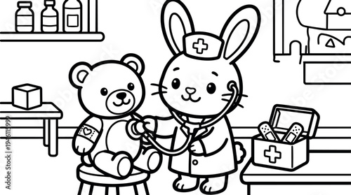 Cute bunny doctor examining teddy bear with stethoscope inside medical clinic minimalistic vector line art style