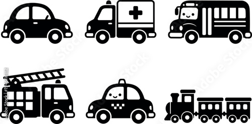 Cute smiling taxi fire truck ambulance car school bus and train flat black vector icons set