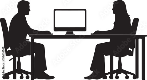 Business Meeting Silhouette: Man and Woman Sitting at Desk with Computer