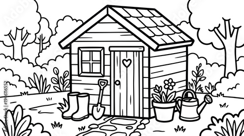 Black and white line art garden shed with heart shaped cutout on door gardening tools boots flowers and watering can outdoor nature scene