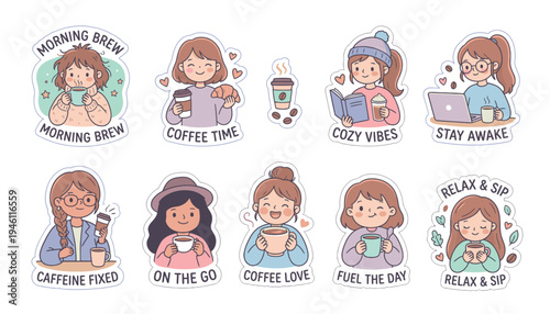 A set of stickers featuring cartoon women enjoying coffee and tea.