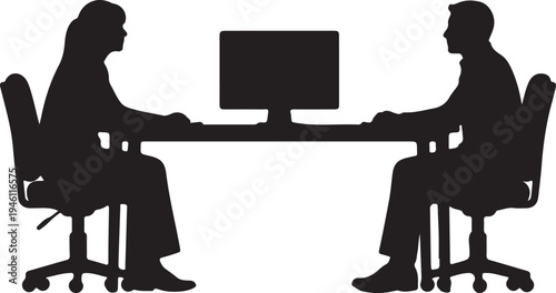 Business Meeting Silhouette: Man and Woman Sitting at Desk with Computer