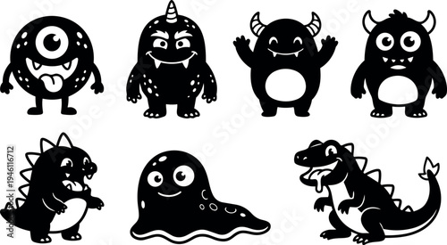 Cute black and white cartoon monster characters smiling and standing in playful poses with horns claws tails and slime creature vector art collection