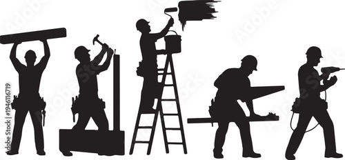 Construction Workers Silhouette Set: Carpenters, Painters, and Builders at Work
